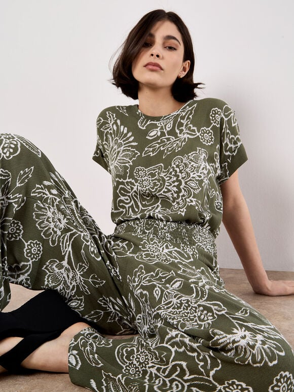 Sarasa Floral Wide Leg Trousers, Khaki, large