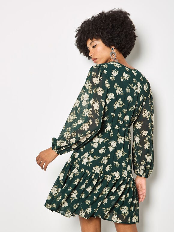 Chiffon Floral Print Mini Dress, Green, large