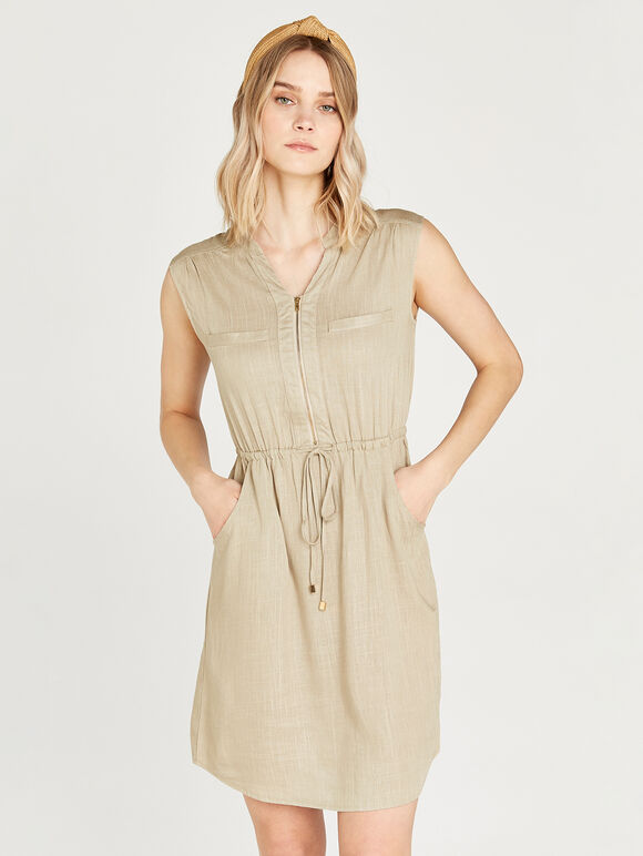 Zip Down Toggle Tie Waist Dress, Stone, large