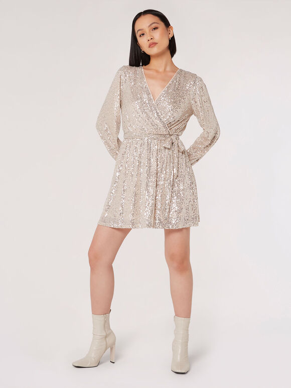 Sequin Wrap Mini Dress, Silver, large