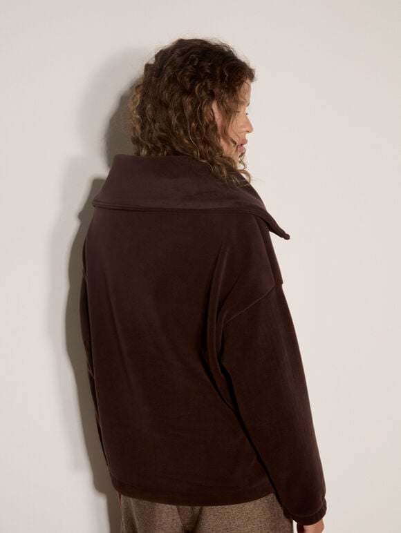 Funnel Neck Teddy Borg Fleece Jumper, Brown, large