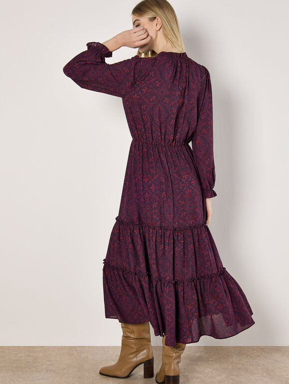 Mosaic Print Chiffon Maxi Dress, Burgundy, large