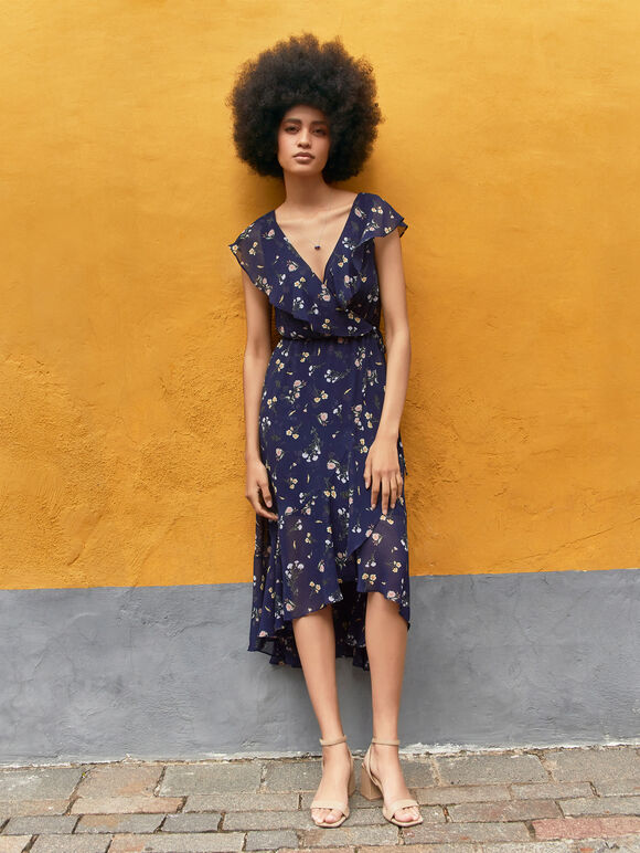 Botanical Ruffle Wrap Dress, Navy, large