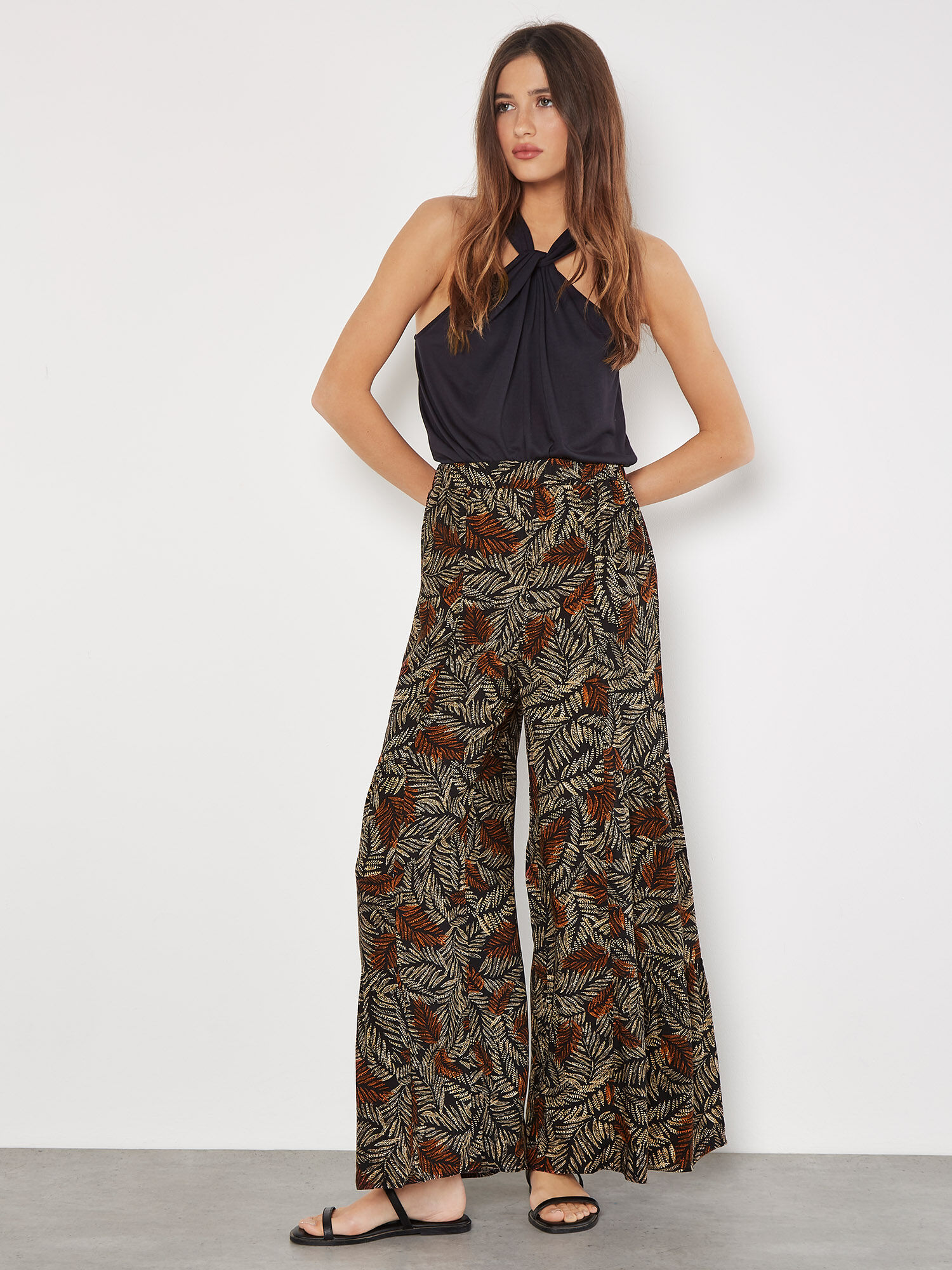 Batik Leaves Tiered Wide Leg Trousers Apricot Clothing