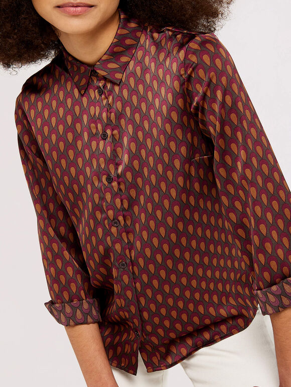 Teardrop Crinkle Satin Shirt, Burgundy, large