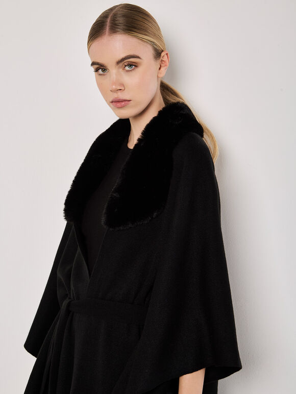 Faux Fur Collar Poncho, Black, large