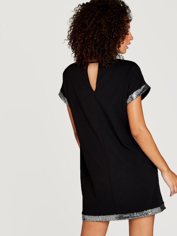 Black Metallic Hem Detail Dress, Black, large