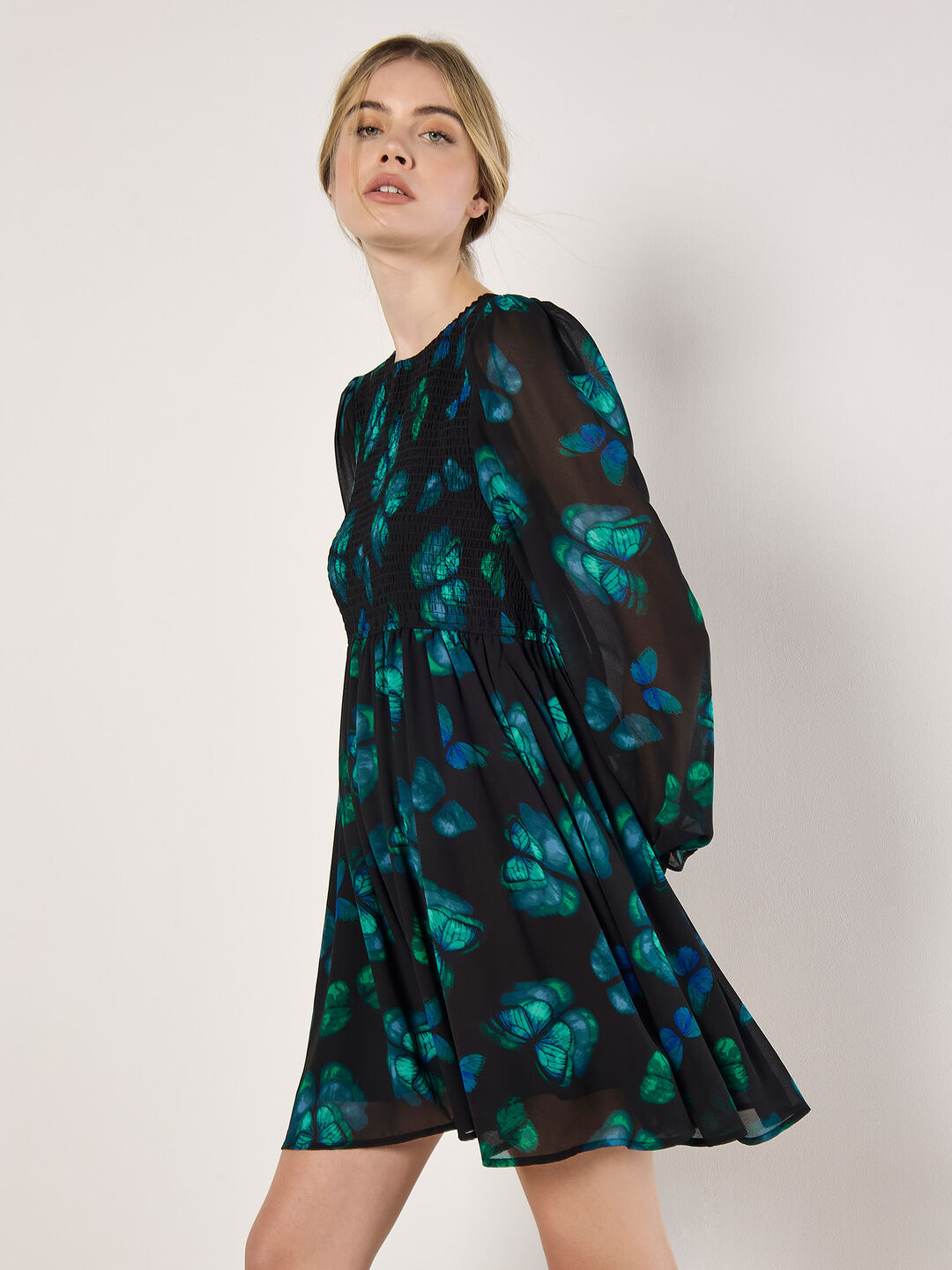 Butterfly Print Chiffon Mini Dress