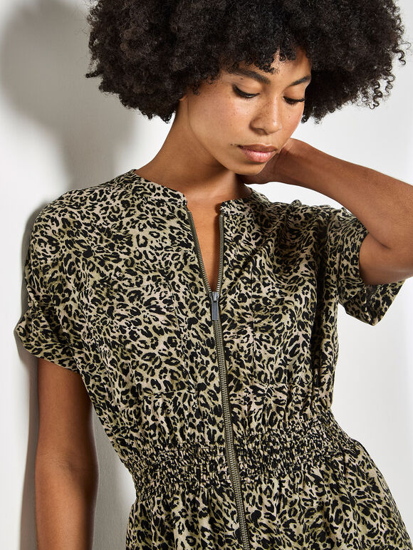 Leopard Print Zip-Down Mini Dress, Khaki, large