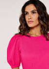 Textured Cotton Puff Sleeve T-Shirt, Fuchsia, large