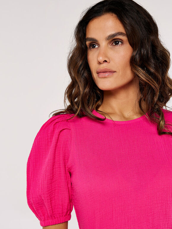 Textured Cotton Puff Sleeve T-Shirt, Fuchsia, large