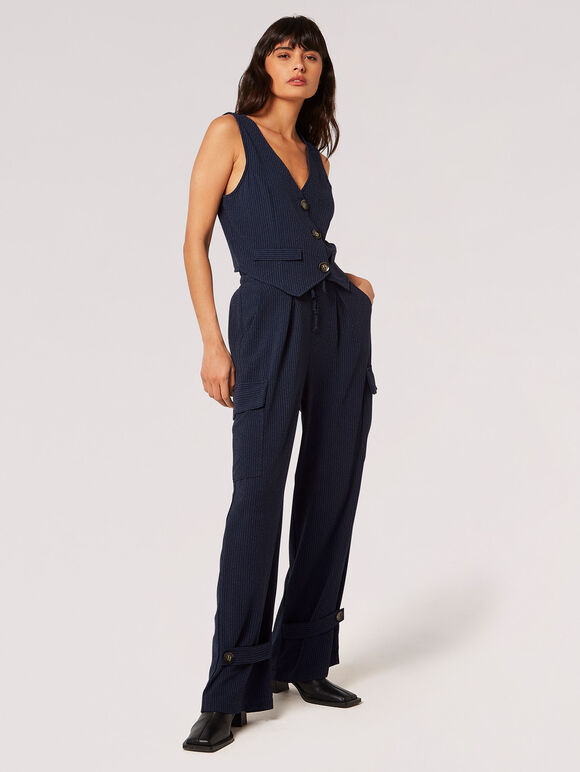Textured Pinstripe Waistcoat, Navy, large