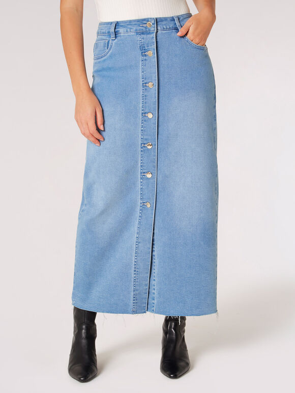 Button Down Denim Midi Skirt, Blue, large