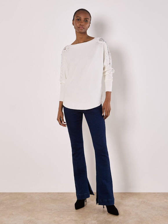 Lace Rhinestone Embellished Jumper, White, large