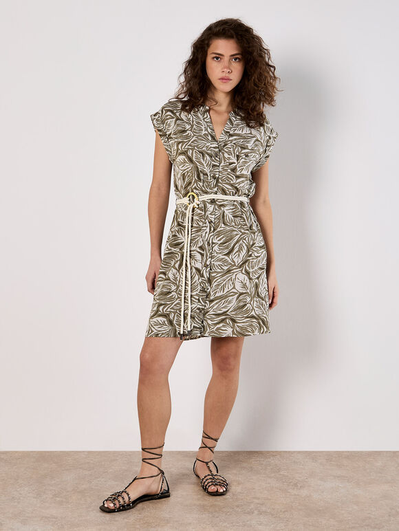 Leaf Print Rope Belt Mini Dress, Khaki, large