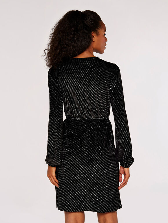 Glitter Velvet Wrap Mini Dress, Black, large