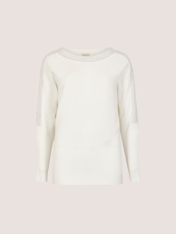 Diamante Embellished Ribbed Jumper, White, large