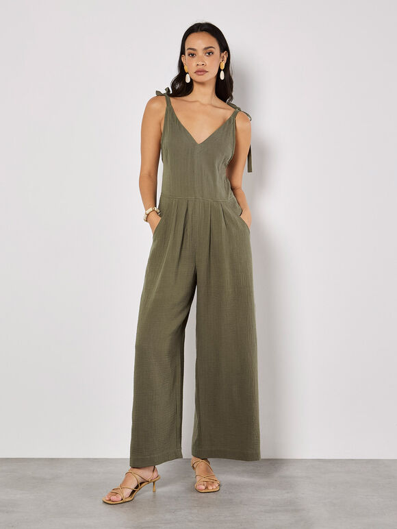 Textured Cotton Wide Leg Jumpsuit, Khaki, large