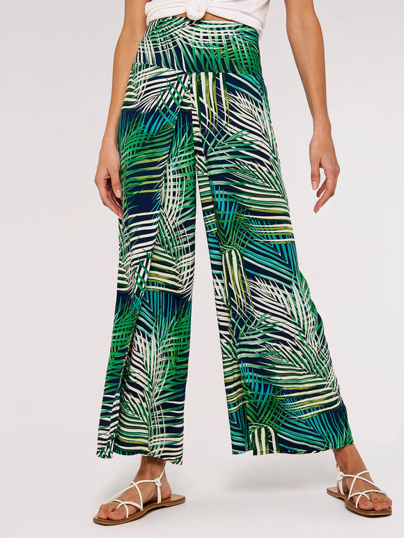 Tropical Leaves Wrap Trousers, Navy, large