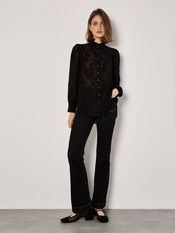 Embroidered Leaf Chiffon Blouse, Black, large