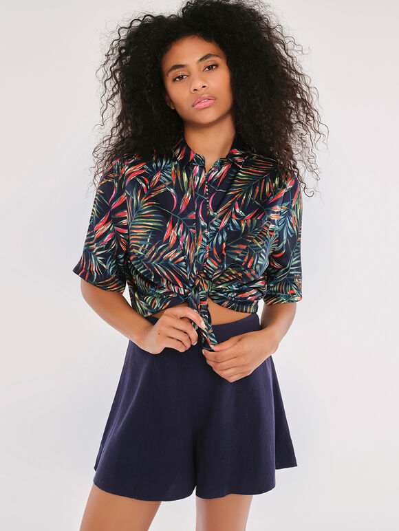 Tropical Leaves Crepe Boxy Shirt, Navy, large