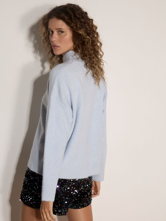 Boucl&eacute; Knit Mock Neck Jumper, Sky Blue, large