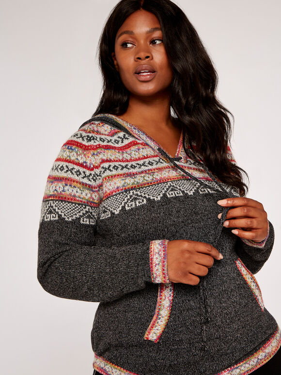Curve Aztec Knitted Hoodie, Grey, large