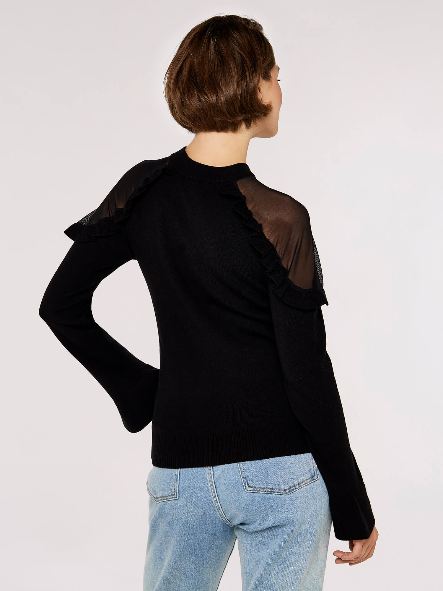 Mesh Ruffle Shoulder Jumper Apricot Clothing
