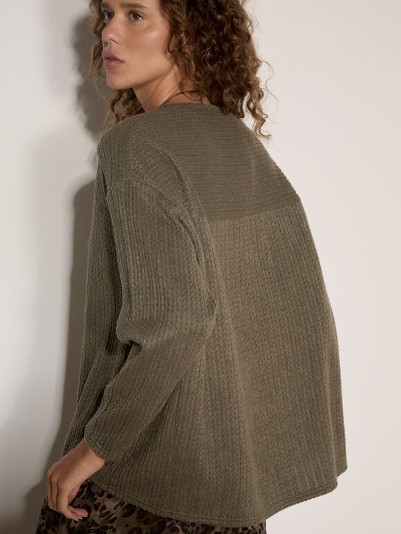 Jacquard Knit Jersey Top, Khaki, large
