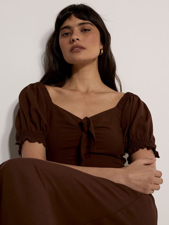 Tie Detail Milkmaid Midaxi Dress, Brown, large