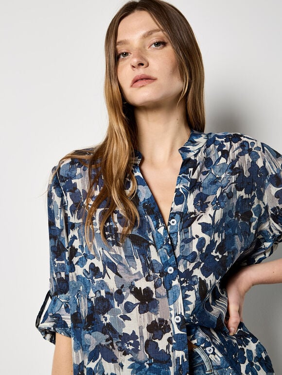 Paintbrush Floral Tunic Shirt, Navy, large