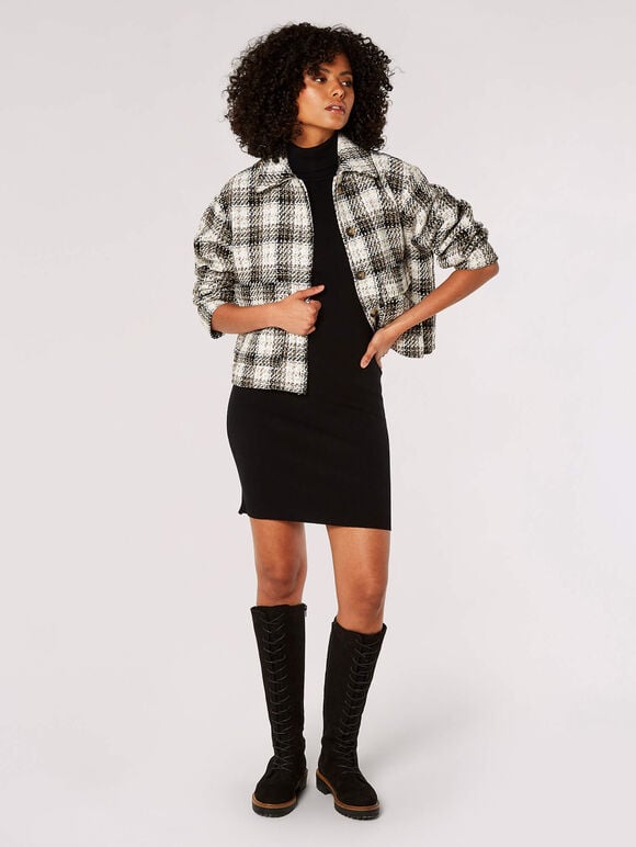 Woven Textured Check Shacket, Brown, large