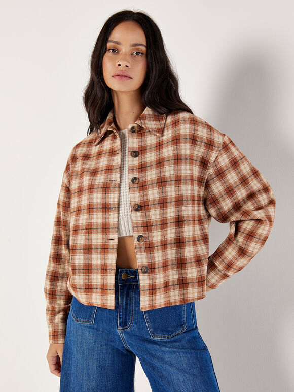 Cropped Check Shacket, Rust, large