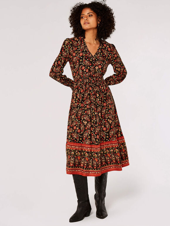 Ditsy Floral Paisley Midi Dress, Black, large