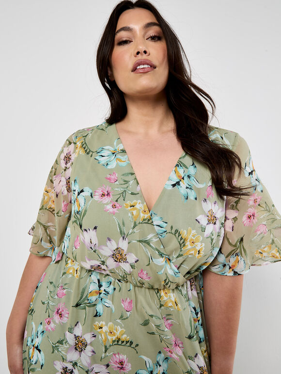 Curve Floral Wrap Midi Dress, Mint, large
