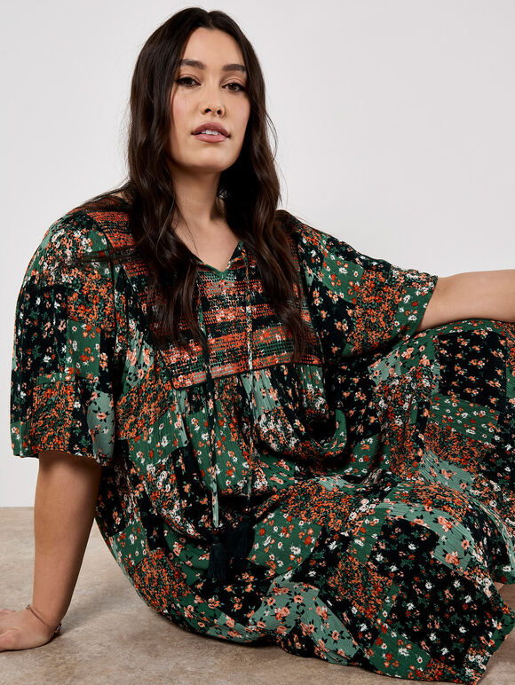 Patchwork Print Crinkle Mini Dress, Green, large
