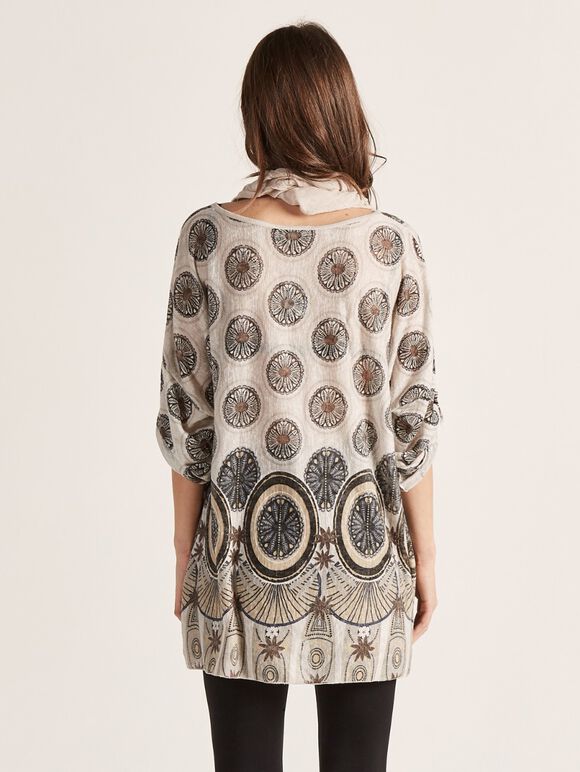 Stone Daisy Wheel Sequin Hem Scarf Top, Stone, large