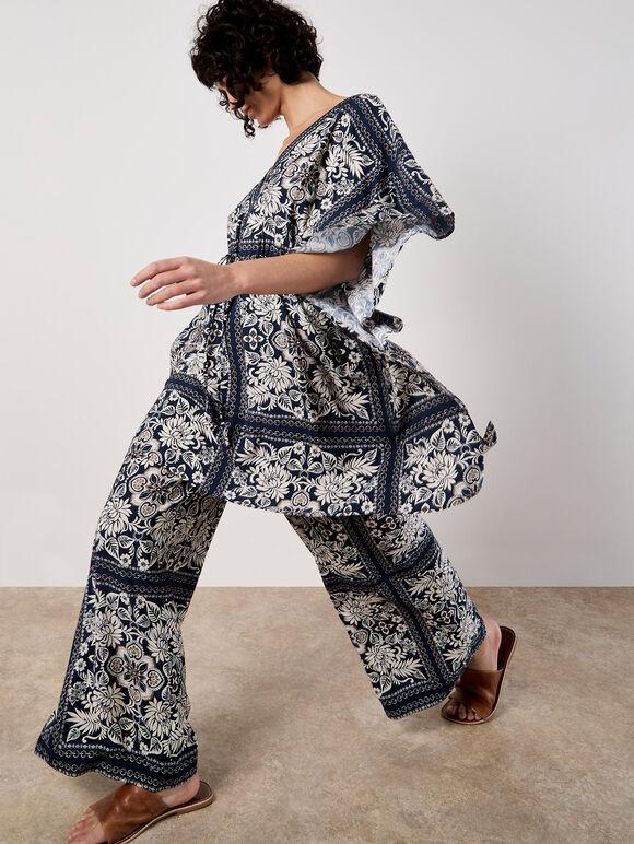 Scarf Print Flare Trousers, Navy, large