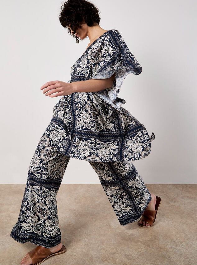 Scarf Print Flare Trousers, Navy, large