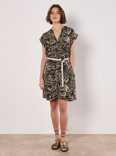 Leaf Print Rope Belt Mini Dress