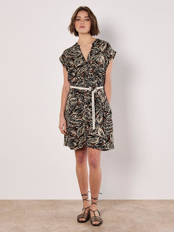 Leaf Print Rope Belt Mini Dress, Rust, large