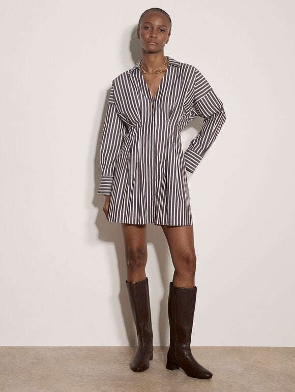 Stripe Shirt Cotton Mini Dress, Brown, large