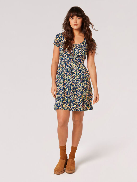 Ditsy Floral Milkmaid Mini Dress, Blue, large