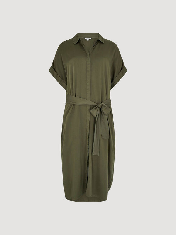 Batwing Sleeve Shirt Midi Dress, Khaki, large