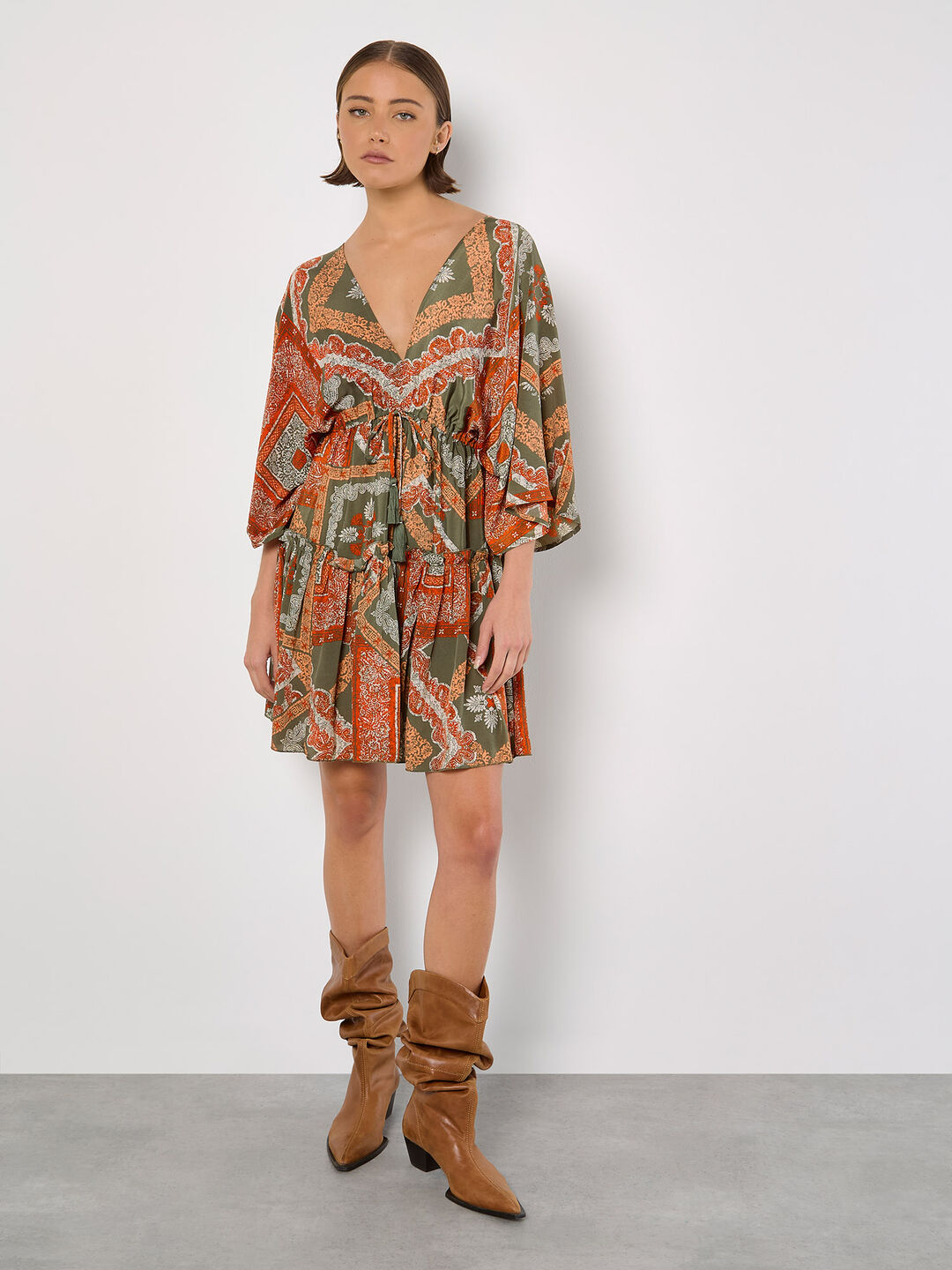 Satin Scarf Print Kaftan Mini Dress