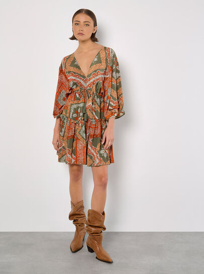 Satin Scarf Print Kaftan Mini Dress