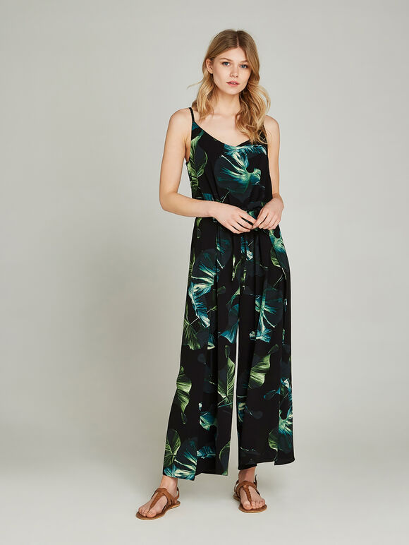 Banana Leaf Print Jumpsuit, Black, large