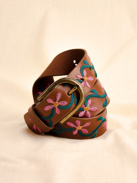 Floral Embroidered Leather Belt