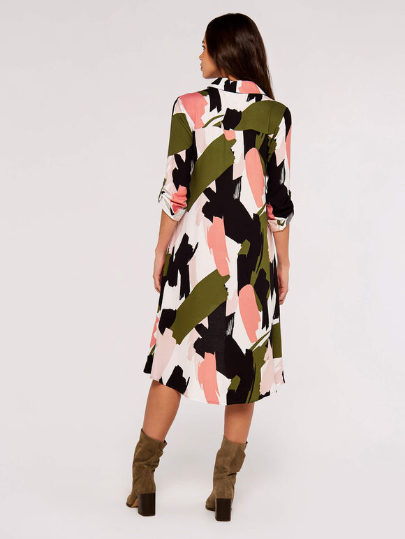 Brushstroke Print Mini Shirt Dress, Khaki, large