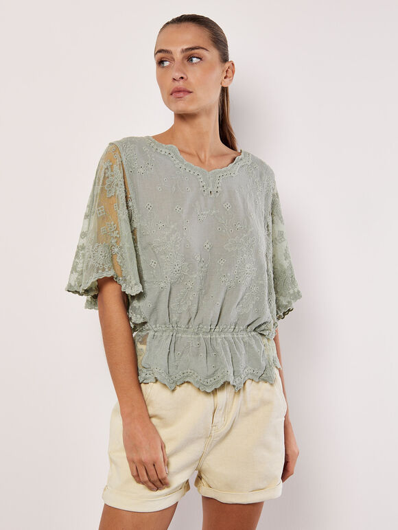 Floral Broderie Batwing Top, Mint, large
